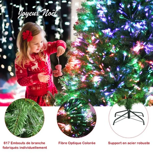 Sapin de Noël Artificiel 180cm en Fibre Optique Brillantes en Epicéa 617 Embouts de Branche en PVC avec Support Pliable