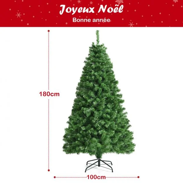 Sapin de Noël Artificiel 180cm en Fibre Optique Brillantes en Epicéa 617 Embouts de Branche en PVC avec Support Pliable