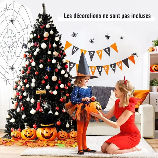 Sapin de Noël Artificiel 225 cm avec 1749 Rameaux Base Métallique Pliable Arbre de Noël à Charnières Facile à Installer Blanc Noir