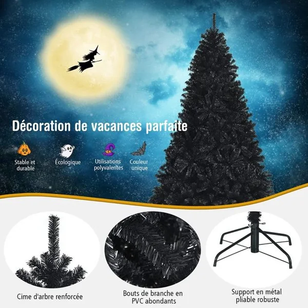 Sapin de Noël Artificiel 225 cm avec 1749 Rameaux Base Métallique Pliable Arbre de Noël à Charnières Facile à Installer Blanc Noir