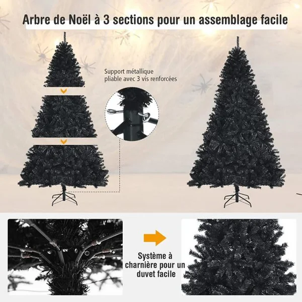 Sapin de Noël Artificiel 225 cm avec 1749 Rameaux Base Métallique Pliable Arbre de Noël à Charnières Facile à Installer Blanc Noir