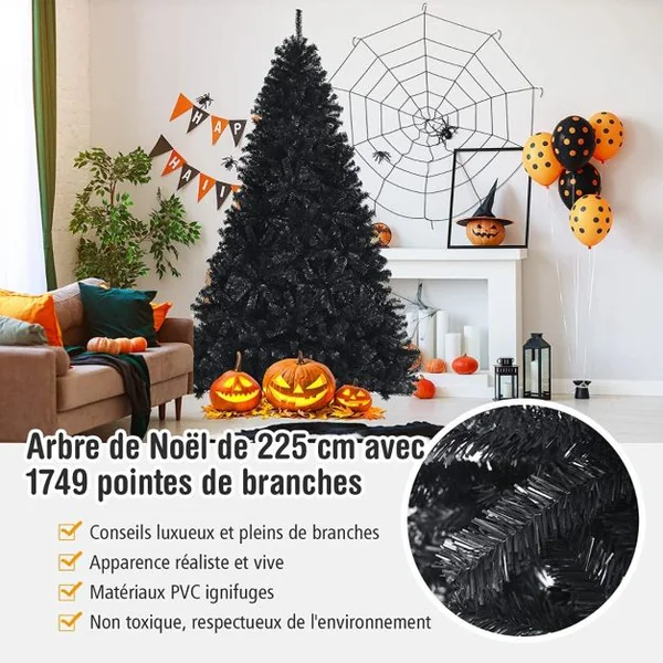 Sapin de Noël Artificiel 225 cm avec 1749 Rameaux Base Métallique Pliable Arbre de Noël à Charnières Facile à Installer Blanc Noir