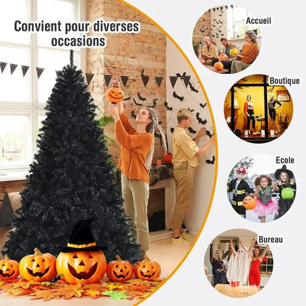 Sapin de Noël Artificiel 225 cm avec 1749 Rameaux Base Métallique Pliable Arbre de Noël à Charnières Facile à Installer Blanc Noir
