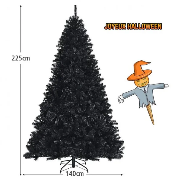 Sapin de Noël Artificiel 225 cm avec 1749 Rameaux Base Métallique Pliable Arbre de Noël à Charnières Facile à Installer Blanc Noir