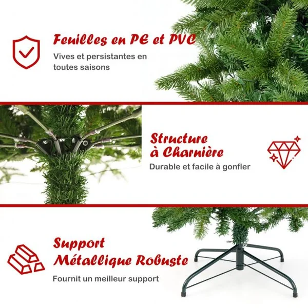 Sapin de Noël Artificiel 225 cm avec 350 Lumières LED 796 Rameaux 10 Modes d'Éclairage Décoration Support Métallique