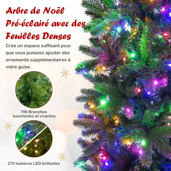 Sapin de Noël Artificiel 225 cm avec 350 Lumières LED 796 Rameaux 10 Modes d'Éclairage Décoration Support Métallique