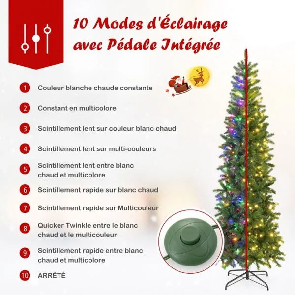 Sapin de Noël Artificiel 225 cm avec 350 Lumières LED 796 Rameaux 10 Modes d'Éclairage Décoration Support Métallique