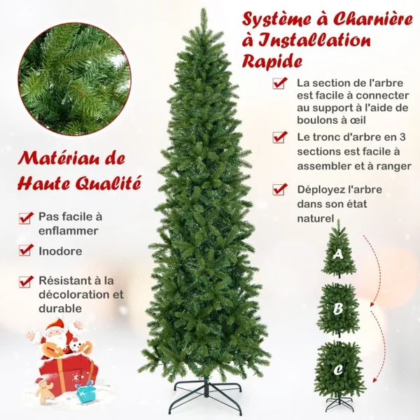 Sapin de Noël Artificiel 225 cm avec 350 Lumières LED 796 Rameaux 10 Modes d'Éclairage Décoration Support Métallique