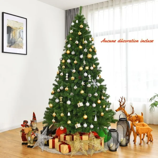 Sapin de Noël Artificiel 225CM Aiguilles en PVC avec 1346 Branches Pied Métallique Solide pour Maison Bureau Magasins Hôtels Vert