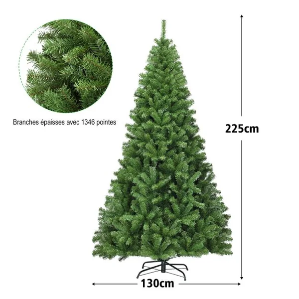 Sapin de Noël Artificiel 225CM Aiguilles en PVC avec 1346 Branches Pied Métallique Solide pour Maison Bureau Magasins Hôtels Vert
