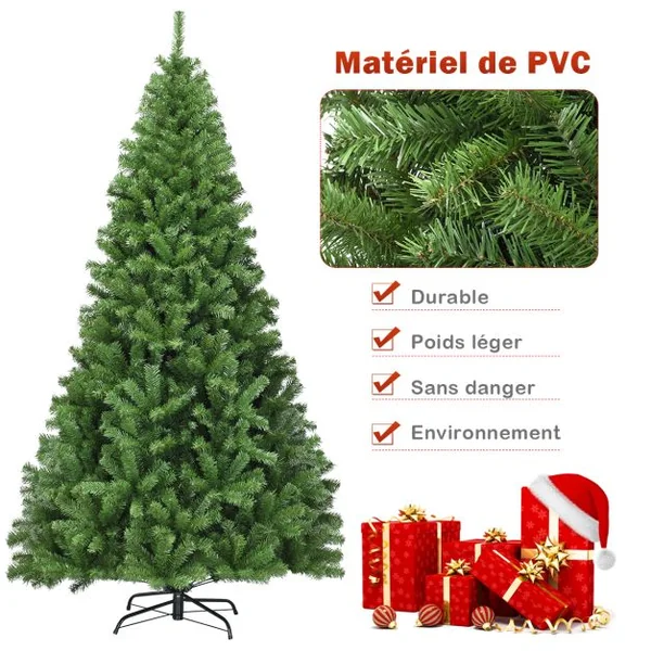Sapin de Noël Artificiel 225CM Aiguilles en PVC avec 1346 Branches Pied Métallique Solide pour Maison Bureau Magasins Hôtels Vert