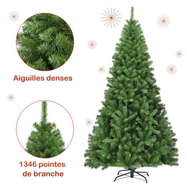 Sapin de Noël Artificiel 225CM Aiguilles en PVC avec 1346 Branches Pied Métallique Solide pour Maison Bureau Magasins Hôtels Vert