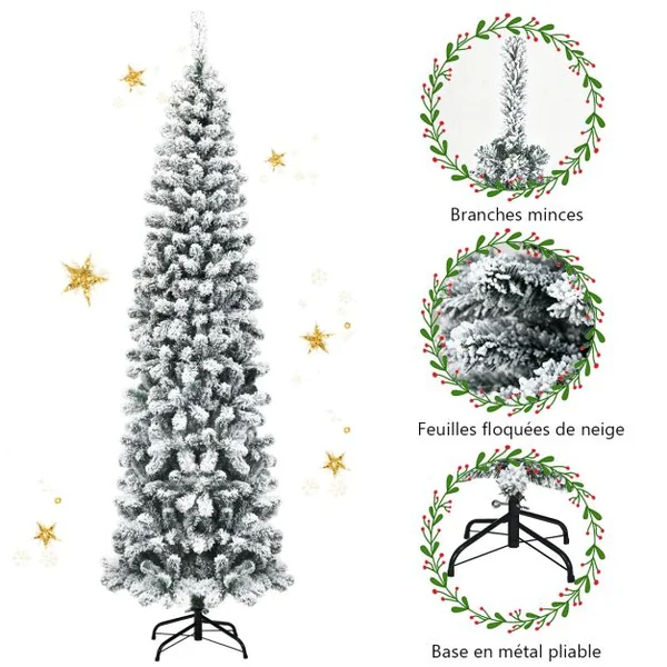 Sapin de Noël Artificiel 227CM Avec 641 Branches Floqué Charnières Arbre de Noël Installation Rapide