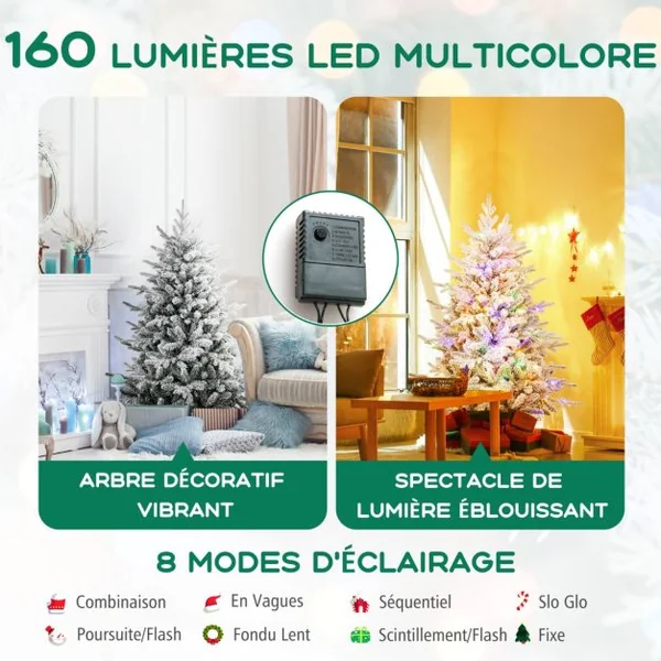 Sapin de Noël Artificiel 8 Modes d'Eclairage Lumières LED Multicolores Pointes de Branches en PVC et PE Haute de 135cm