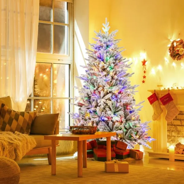 Sapin de Noël Artificiel 8 Modes d'Eclairage Lumières LED Multicolores Pointes de Branches en PVC et PE Haute de 186cm