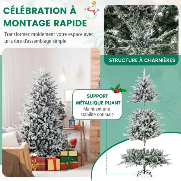 Sapin de Noël Artificiel 8 Modes d'Eclairage Lumières LED Multicolores Pointes de Branches en PVC et PE Haute de 186cm