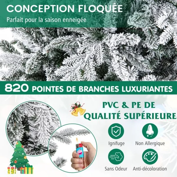 Sapin de Noël Artificiel 8 Modes d'Eclairage Lumières LED Multicolores Pointes de Branches en PVC et PE Haute de 186cm