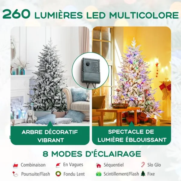 Sapin de Noël Artificiel 8 Modes d'Eclairage Lumières LED Multicolores Pointes de Branches en PVC et PE Haute de 186cm