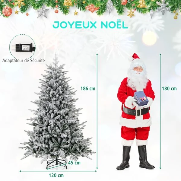 Sapin de Noël Artificiel 8 Modes d'Eclairage Lumières LED Multicolores Pointes de Branches en PVC et PE Haute de 186cm