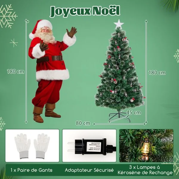 Sapin de Noël Artificiel avec 8 Modes d'Eclairage LED Blanc Chaud Fibres Optiques Pointes de Branches Aiguilles de Pin Hauteur de 150CM/180CM