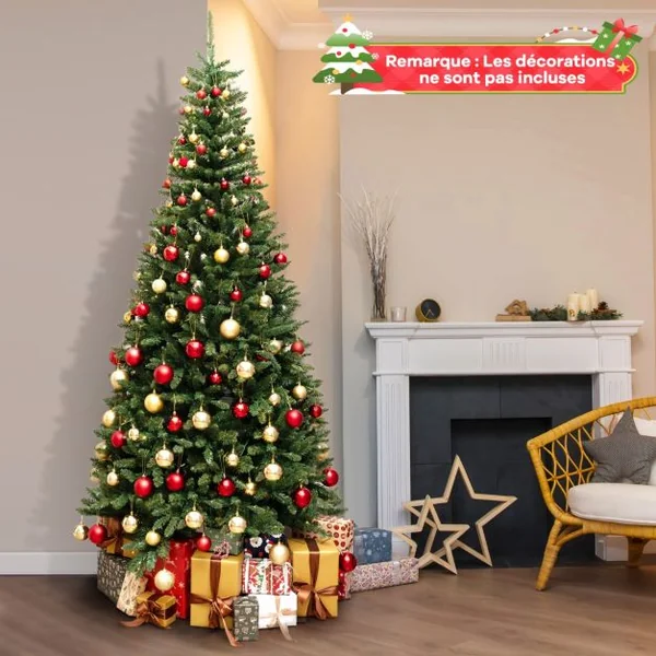 Sapin de Noël Artificiel d'Angle à 270° de 240 cm Sapin de Noël Pré-éclairé à Charnière 1137 Branches 360 Lumières LED Blanc Chaud