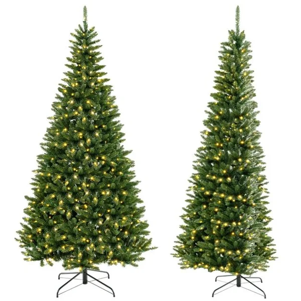 Sapin de Noël Artificiel d'Angle à 270° de 240 cm Sapin de Noël Pré-éclairé à Charnière 1137 Branches 360 Lumières LED Blanc Chaud