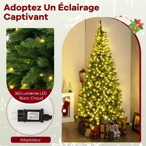 Sapin de Noël Artificiel d'Angle à 270° de 240 cm Sapin de Noël Pré-éclairé à Charnière 1137 Branches 360 Lumières LED Blanc Chaud