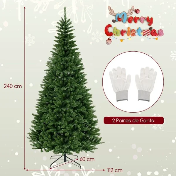 Sapin de Noël Artificiel d'Angle à 270° de 240 cm Sapin de Noël Pré-éclairé à Charnière 1137 Branches 360 Lumières LED Blanc Chaud