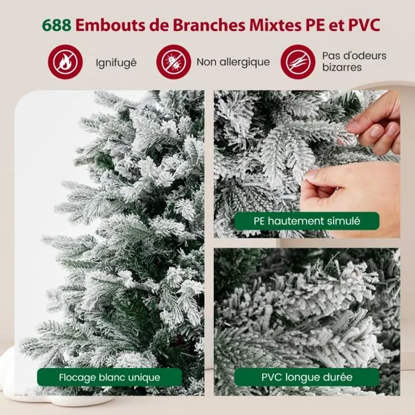 Sapin de Noël Artificiel de 135cm avec 688 Branches & 200 Lumières LED