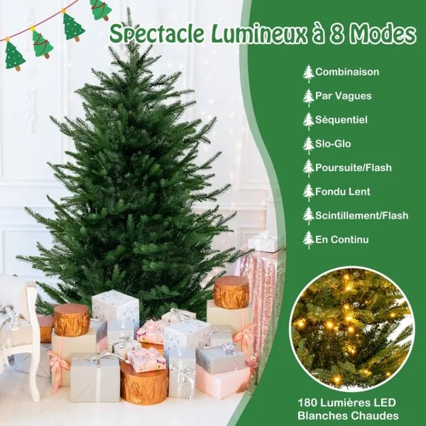 Sapin de Noël Artificiel De 136 Cm Arbre de Noël à Charnière 386 Pointes de Branches en Pe Et Pvc 180 Lumières Led Blanc Chaud 8 Modes d'Éclairage