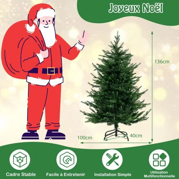 Sapin de Noël Artificiel De 136 Cm Arbre de Noël à Charnière 386 Pointes de Branches en Pe Et Pvc 180 Lumières Led Blanc Chaud 8 Modes d'Éclairage