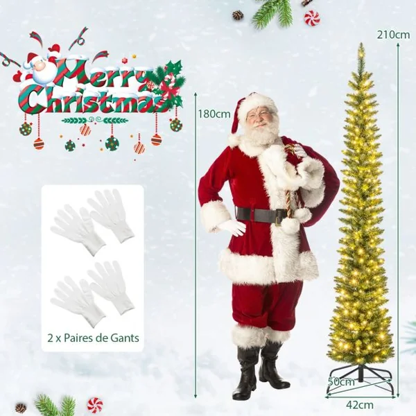 Sapin de Noël Artificiel de 150/180/210 Cm Arbre de Noël Pré-Éclairé 296/390/499 Branches 150/180/200 Lumières Led Blanc Chaud Support en Métal Pliable