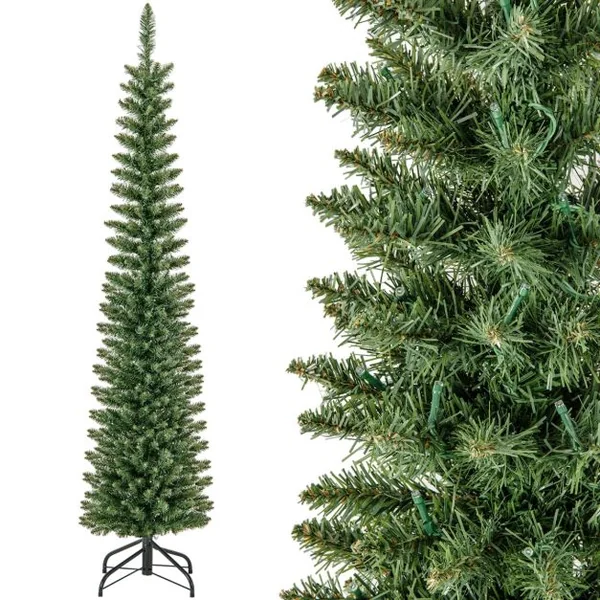 Sapin de Noël Artificiel de 150/180/210 Cm Arbre de Noël Pré-Éclairé 296/390/499 Branches 150/180/200 Lumières Led Blanc Chaud Support en Métal Pliable