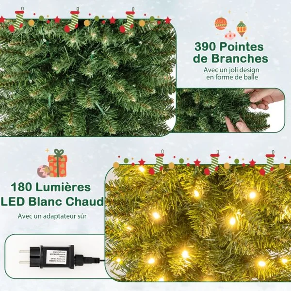 Sapin de Noël Artificiel de 150/180/210 Cm Arbre de Noël Pré-Éclairé 296/390/499 Branches 150/180/200 Lumières Led Blanc Chaud Support en Métal Pliable