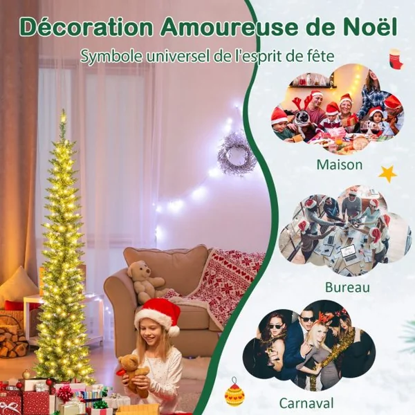 Sapin de Noël Artificiel de 150/180/210 Cm Arbre de Noël Pré-Éclairé 296/390/499 Branches 150/180/200 Lumières Led Blanc Chaud Support en Métal Pliable