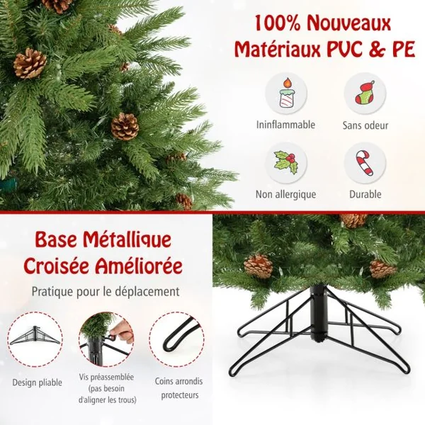 Sapin de Noël Artificiel de 180 Cm 944 Branches 92 Pommes de Pin 470 Lumières Led Minuterie Automatique 3 Modes d'Éclairage 4 Réglages de Luminosité