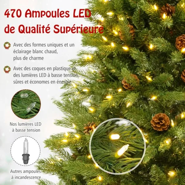 Sapin de Noël Artificiel de 180 Cm 944 Branches 92 Pommes de Pin 470 Lumières Led Minuterie Automatique 3 Modes d'Éclairage 4 Réglages de Luminosité