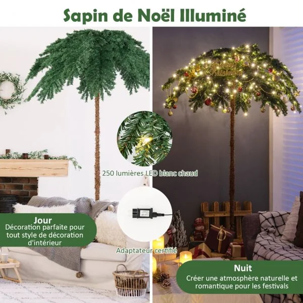 Sapin de Noël Artificiel de 180 cm avec 250 Lumières LED Blanc Chaud 813 Branches pour Porche Maison