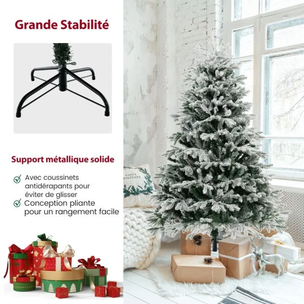 Sapin de Noël Artificiel de 180 cm Sapin de Noël à Charnières avec 1022 Branches en PE PVC & 350 Lumières LED Blanches Chaudes Sapin de Noël Pré-illuminé Floqué