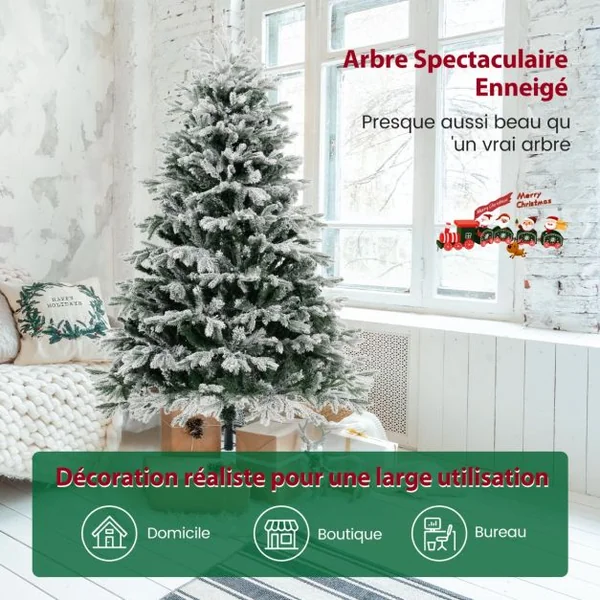 Sapin de Noël Artificiel de 180 cm Sapin de Noël à Charnières avec 1022 Branches en PE PVC & 350 Lumières LED Blanches Chaudes Sapin de Noël Pré-illuminé Floqué