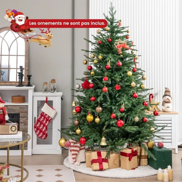 Sapin de Noël Artificiel de 183 cm Arbre de Noël à Charnière avec 788 Branches en PE et PVC 280 Lumières LED Blanc Chaud et 8 Modes d'Éclairage