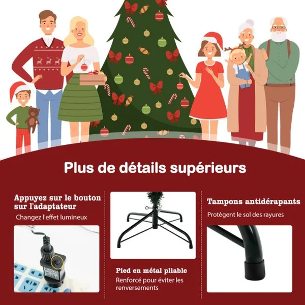 Sapin de Noël Artificiel de 183 cm Arbre de Noël à Charnière avec 788 Branches en PE et PVC 280 Lumières LED Blanc Chaud et 8 Modes d'Éclairage