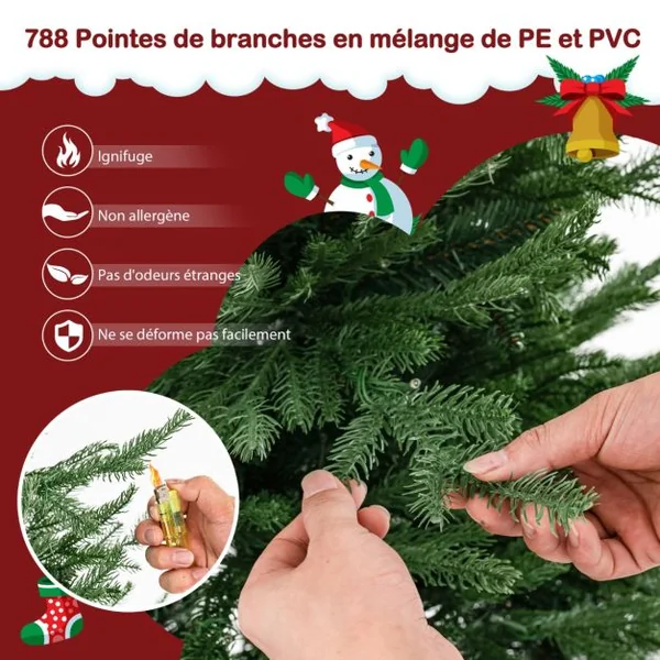 Sapin de Noël Artificiel de 183 cm Arbre de Noël à Charnière avec 788 Branches en PE et PVC 280 Lumières LED Blanc Chaud et 8 Modes d'Éclairage
