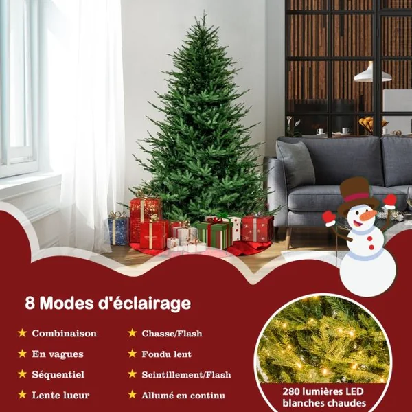 Sapin de Noël Artificiel de 183 cm Arbre de Noël à Charnière avec 788 Branches en PE et PVC 280 Lumières LED Blanc Chaud et 8 Modes d'Éclairage