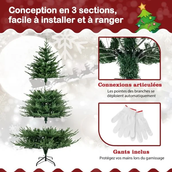 Sapin de Noël Artificiel de 183 cm Arbre de Noël à Charnière avec 788 Branches en PE et PVC 280 Lumières LED Blanc Chaud et 8 Modes d'Éclairage
