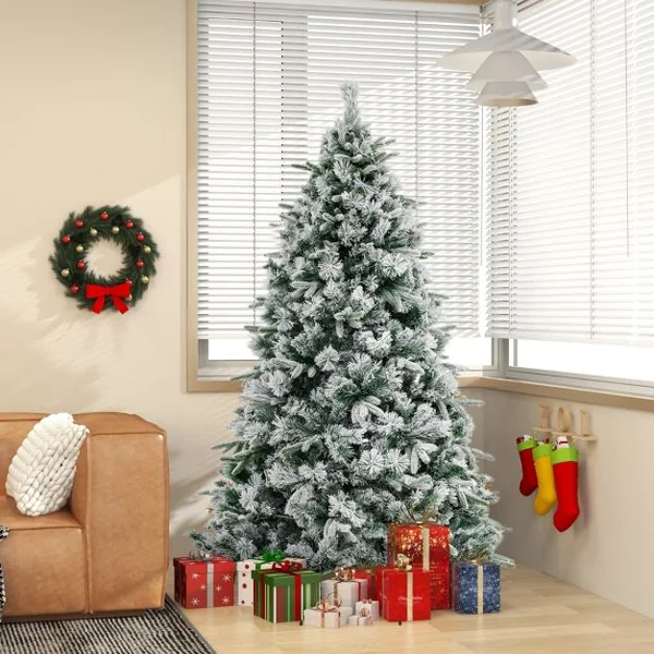 Sapin de Noël Artificiel de 186 cm avec Aiguilles de Pin Arbre de Noël Floqué avec 250 Lumières LED Blanches Chaudes & 752 Branches Mixtes pour la Maison le Bureau & le Carnaval