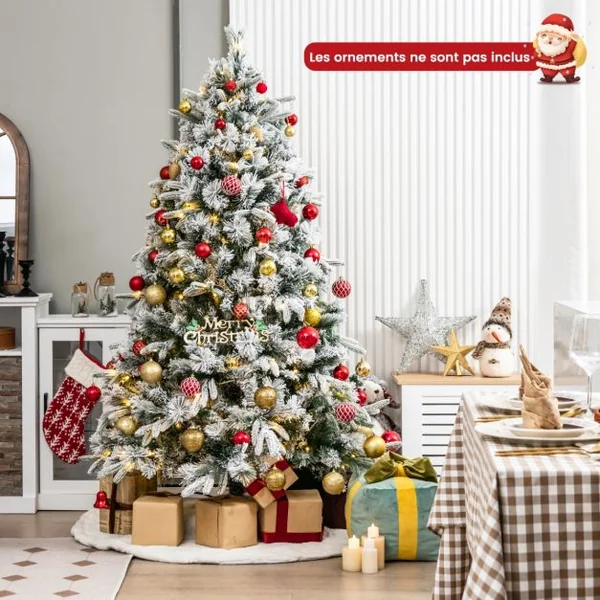 Sapin de Noël Artificiel de 186 cm avec Aiguilles de Pin Arbre de Noël Floqué avec 250 Lumières LED Blanches Chaudes & 752 Branches Mixtes pour la Maison le Bureau & le Carnaval