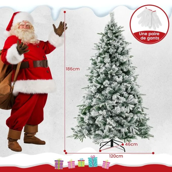 Sapin de Noël Artificiel de 186 cm avec Aiguilles de Pin Arbre de Noël Floqué avec 250 Lumières LED Blanches Chaudes & 752 Branches Mixtes pour la Maison le Bureau & le Carnaval