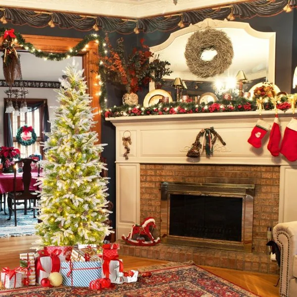 Sapin de Noël Artificiel de 190 cm Arbre de Noël à Charnières Floqué de Neige 671 Pointes 60 Pommes de Pin 280 Lumières LED Blanc Chaud
