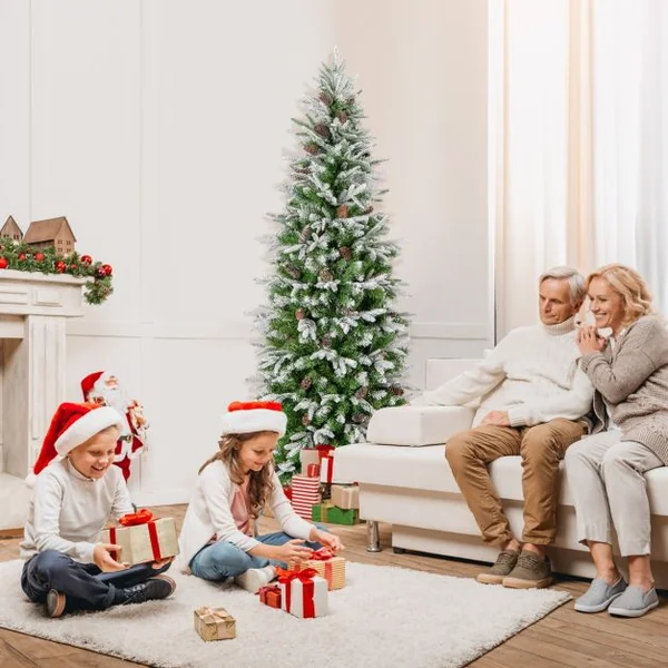 Sapin de Noël Artificiel de 190 cm Arbre de Noël à Charnières Floqué de Neige 671 Pointes 60 Pommes de Pin 280 Lumières LED Blanc Chaud